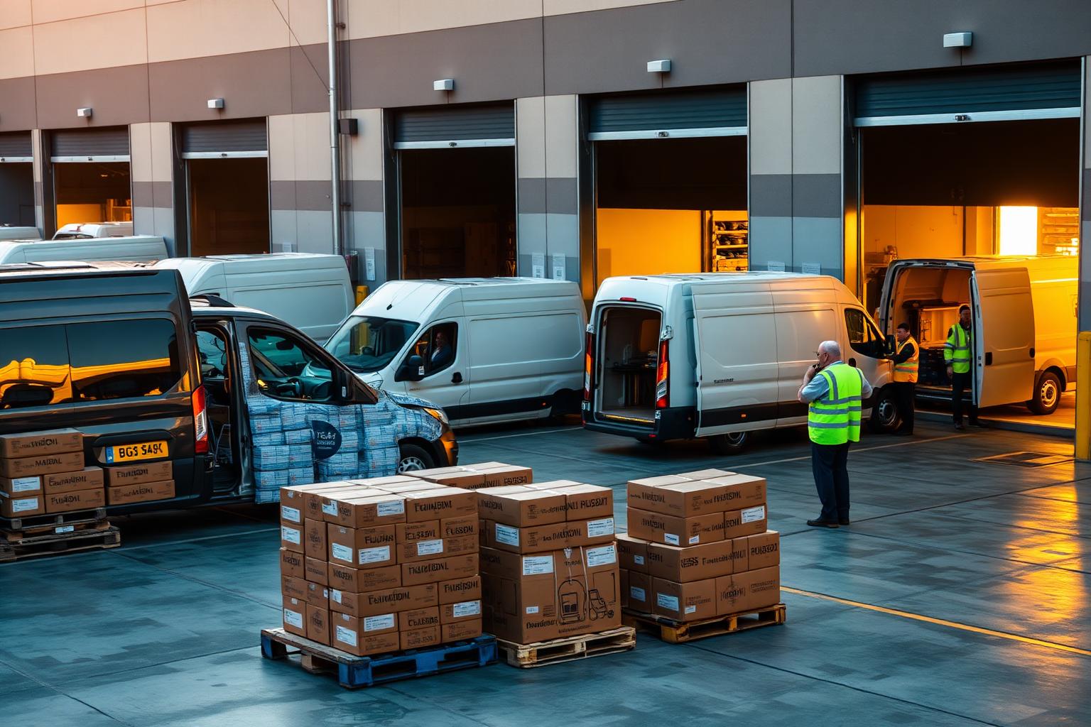 Loading bay with multiple delivery vans being loaded with branded boxes