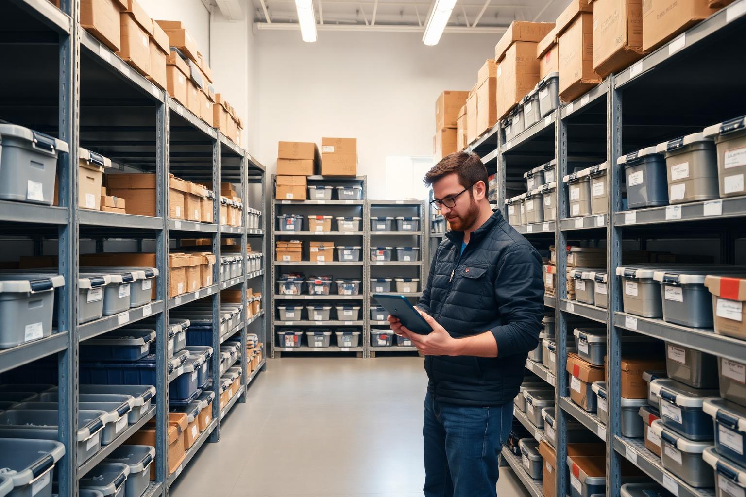 Small business owner checking stock levels on a laptop in a stockroom